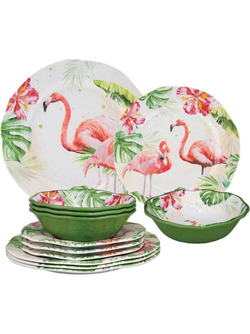 Colorful 12-Piece Flamingo Melamine Dinnerware Set for 4 | Outdoor Plates